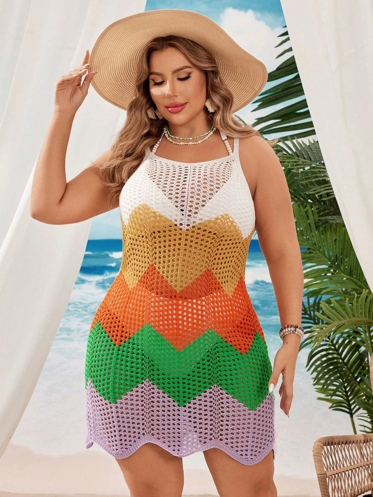 Saída de Praia Feminina Tricotada em Blocos de Cores - Helena