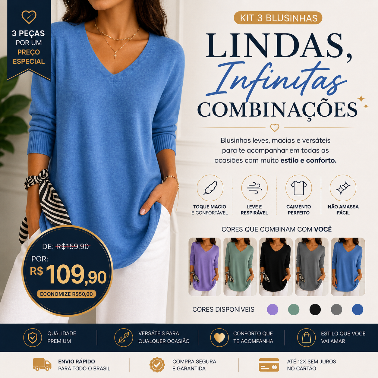 Kit 3 Blusas Luna® em Malha Leve – Decote V