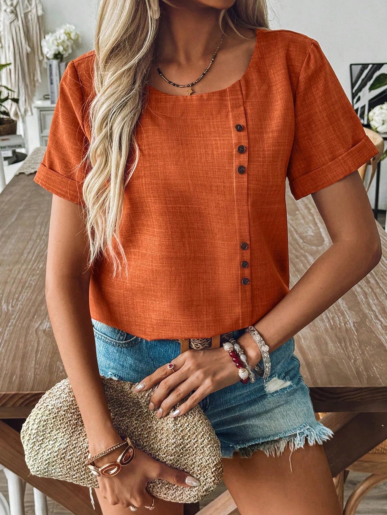 Blusa Manga Curta Feminina de Linho com Botões