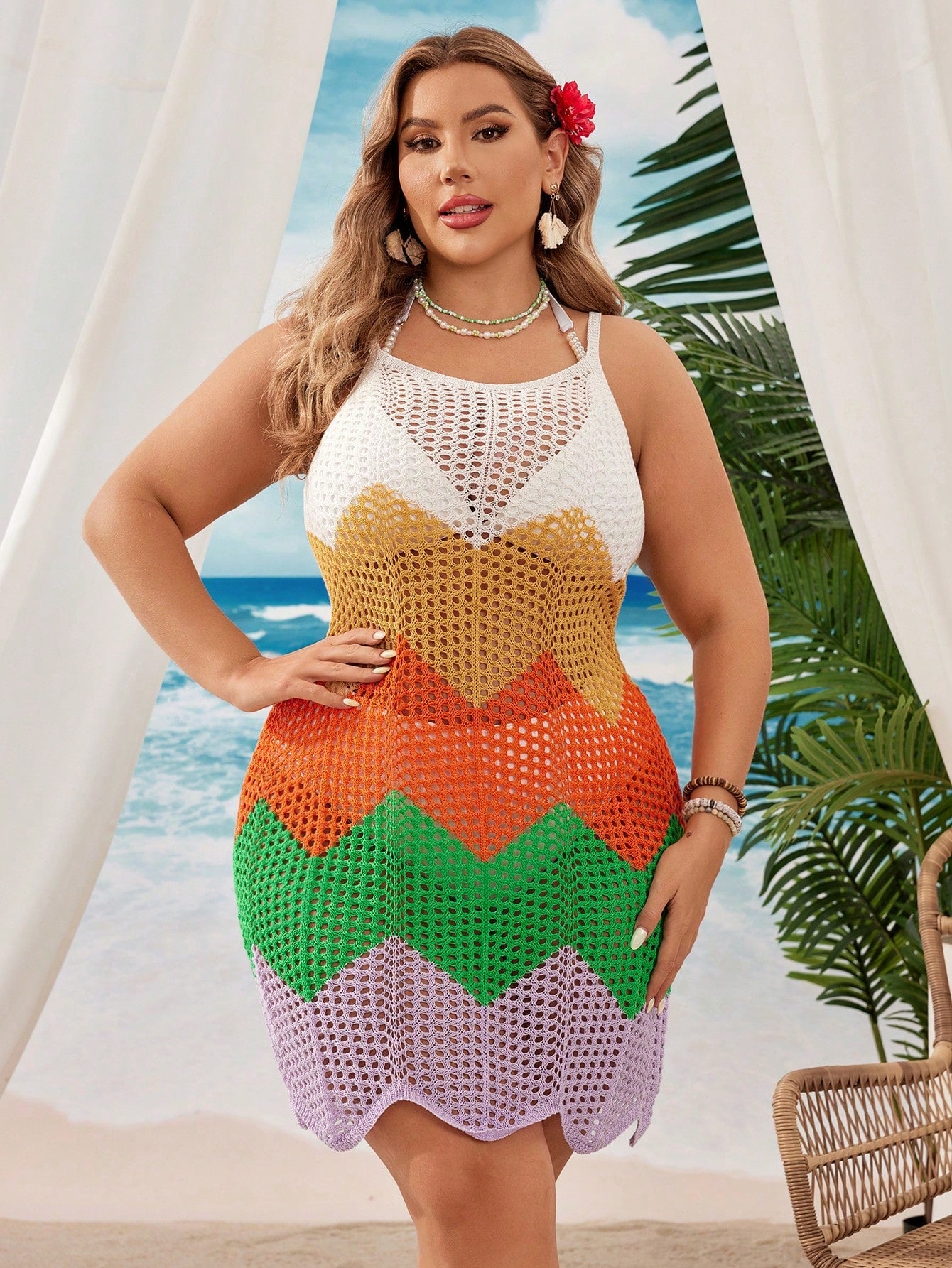 Saída de Praia Feminina Tricotada em Blocos de Cores - Helena
