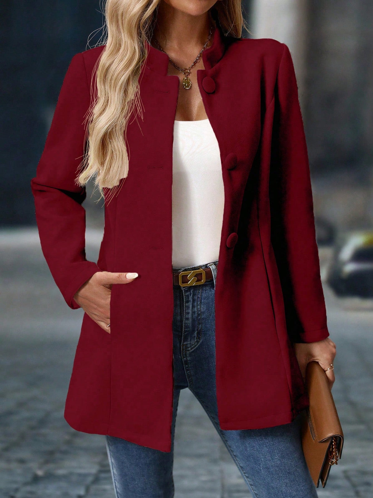 Casaco de Inverno Sobretudo Feminino Lã Batida Elegante