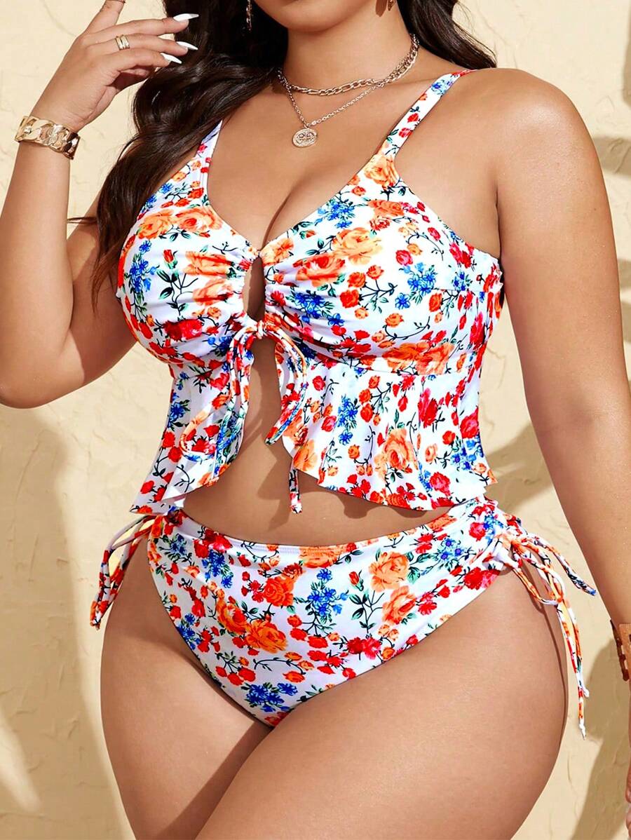 Tankini Feminino com Babado no Busto, Amarração Lateral, Fenda