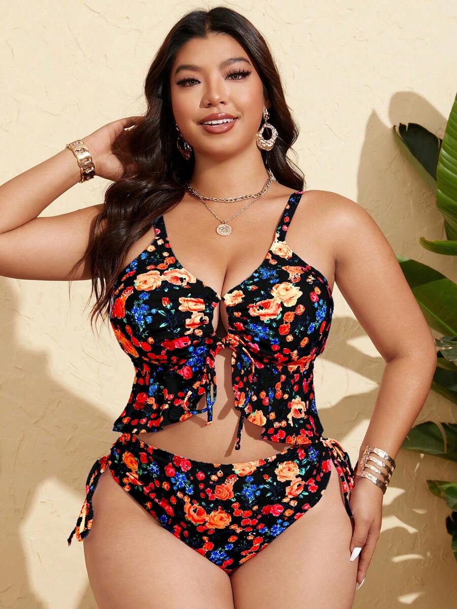 Tankini Feminino com Babado no Busto, Amarração Lateral, Fenda