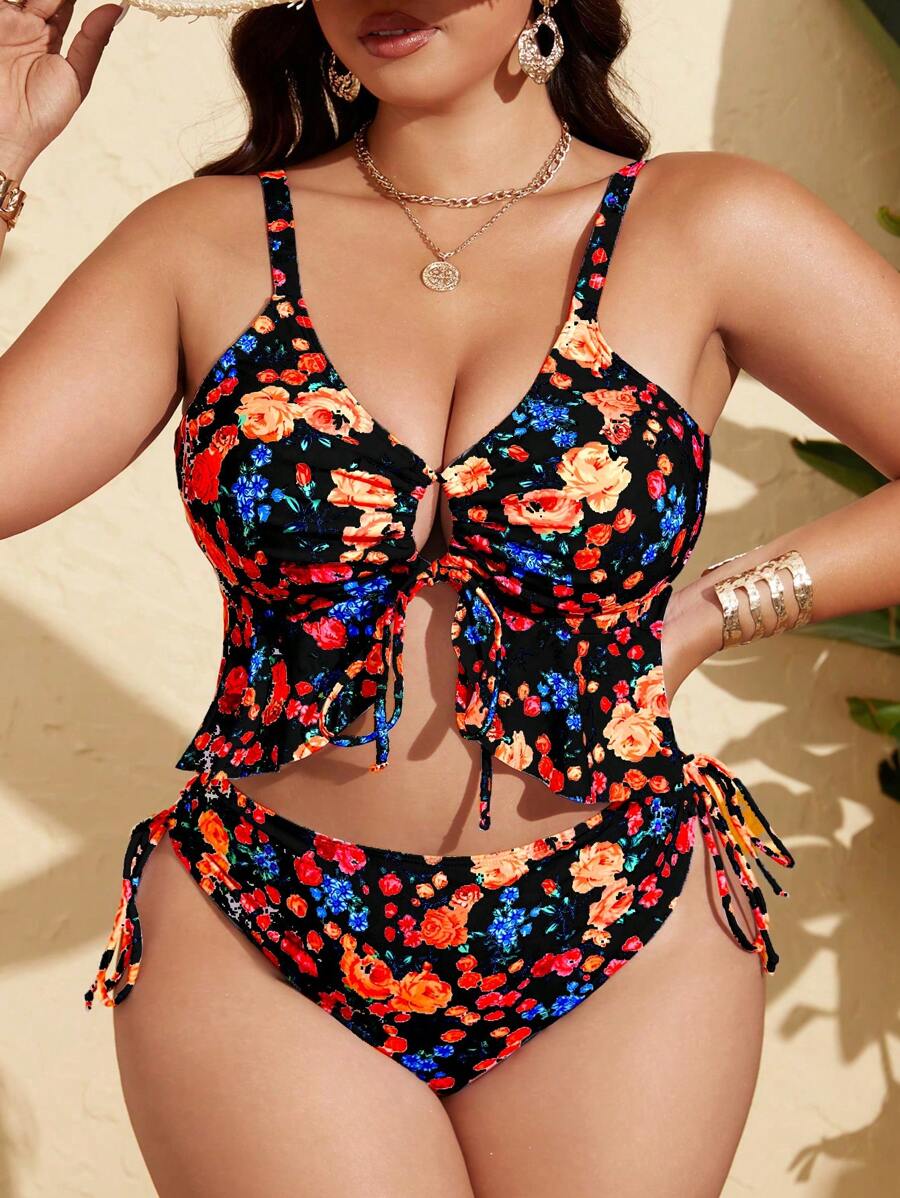 Tankini Feminino com Babado no Busto, Amarração Lateral, Fenda