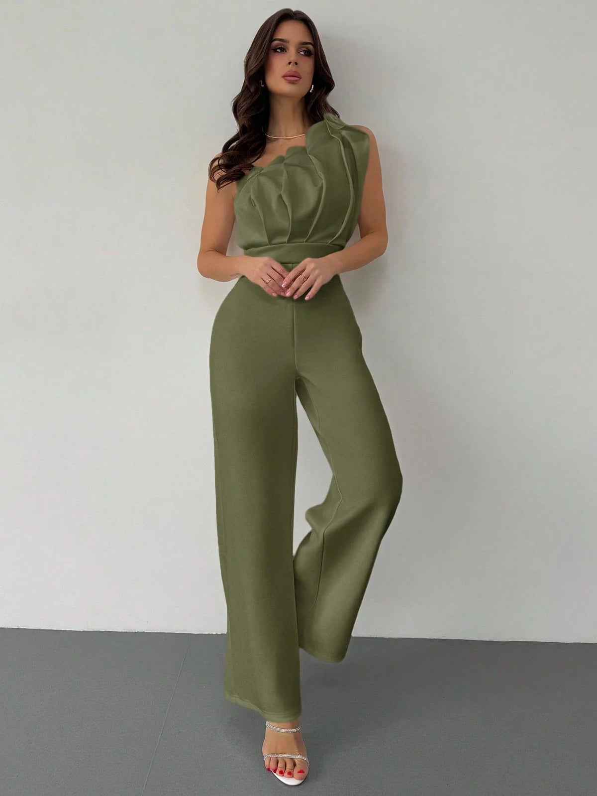 Macacão Feminino Elegante Plissado Um Ombro Só