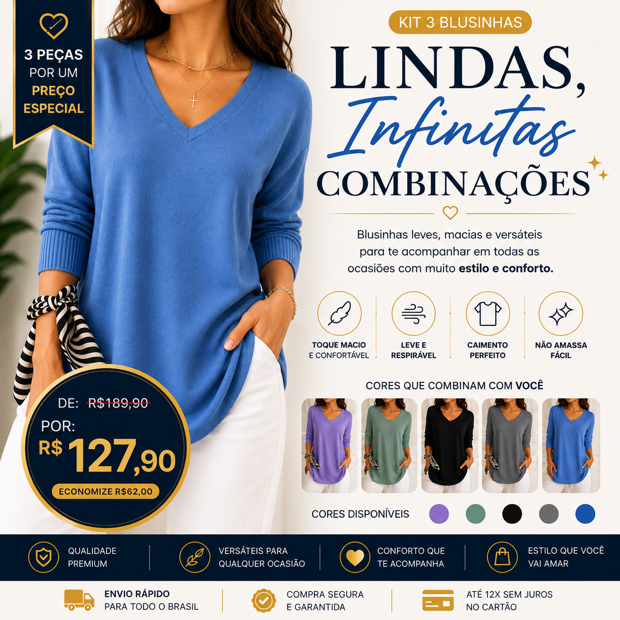 Kit 3 Blusas Luna® em Malha Leve – Decote V