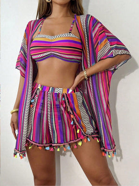 Conjunto Praia 4 Peças com Kimono – Estampa Geométrica Verão 2026