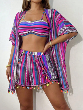 Conjunto Praia 4 Peças com Kimono – Estampa Geométrica Verão 2026